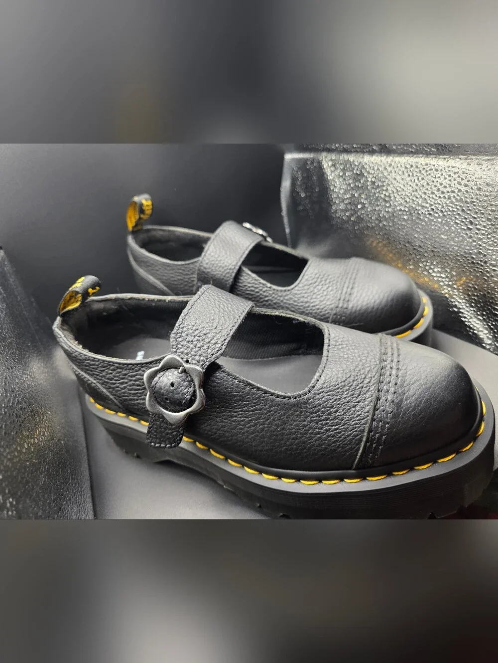 Dr. Martens Black Addina Flower Mary Jane Platform Shoes with Yellow Stitching - Picture 2 of 8